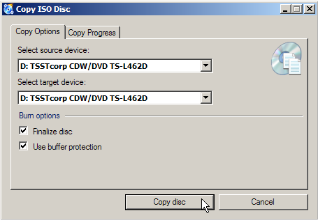 Screenshot: Finalize disc Use buffer protection