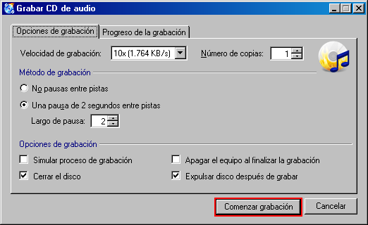 Screenshot: Diálogo de Grabación de Audio  
