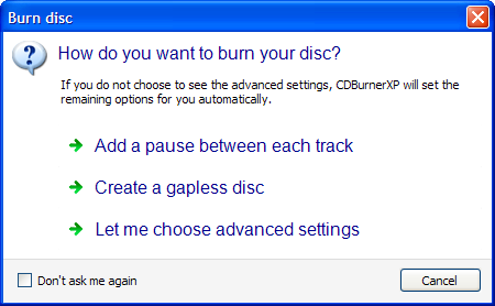 Screenshot:Burn Options